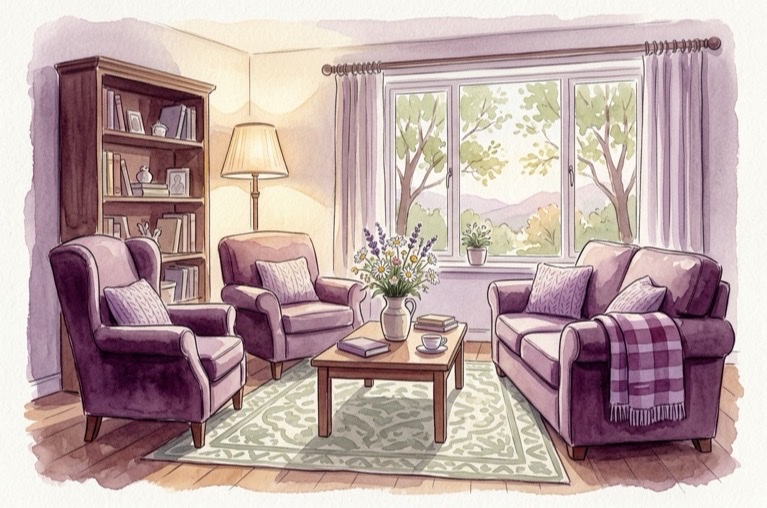 Illustration of the common room in a residential care home, with armchairs, a sofa and a window looking onto trees
