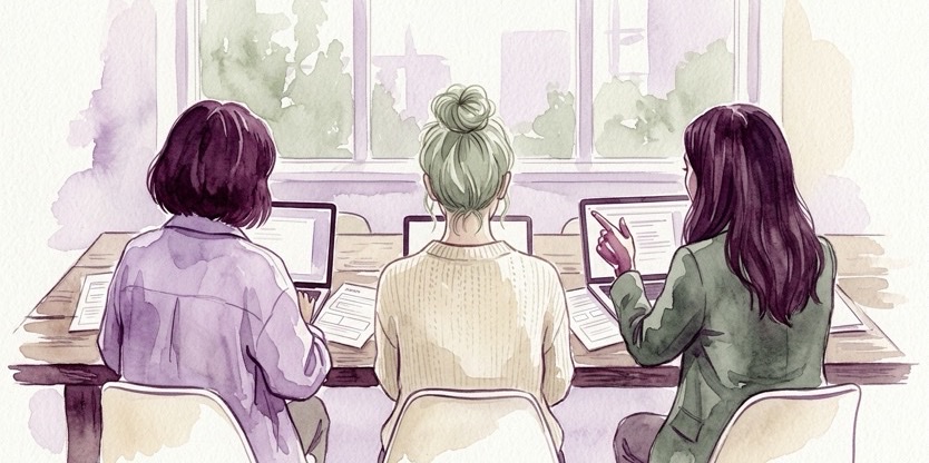 Illustration of three colleagues seen from behind, seated at a table with laptops and printed forms