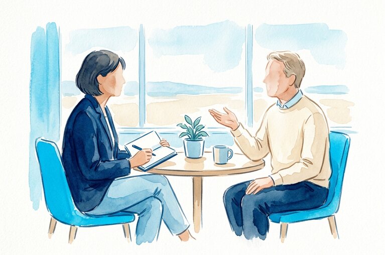 Watercolour illustration of two people talking across a small table in a sunlit office