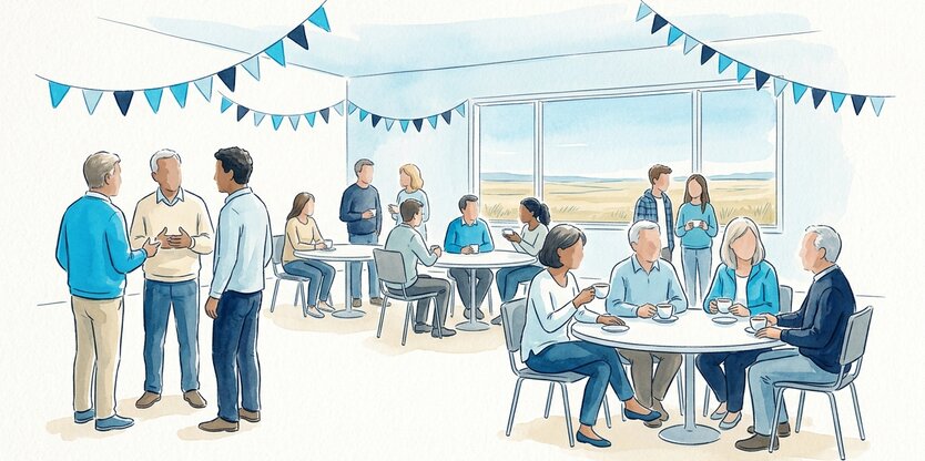 Watercolour illustration of a community gathering in an airy hall