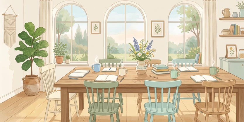 Watercolor illustration of a welcoming workshop room with notebooks and wildflowers