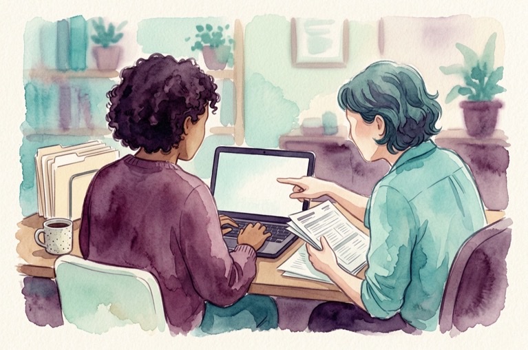 Watercolour illustration of two caseworkers reviewing a referral form at a shared desk