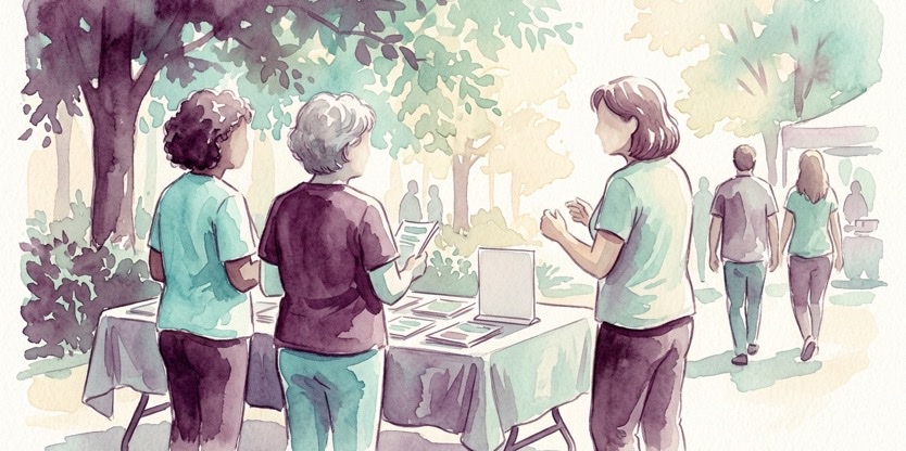 Watercolour illustration of volunteers at a community information table in a park