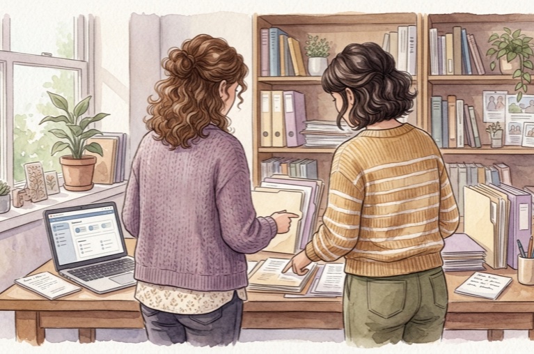 Watercolour illustration of two staff members seen from behind, reviewing client records at an office desk