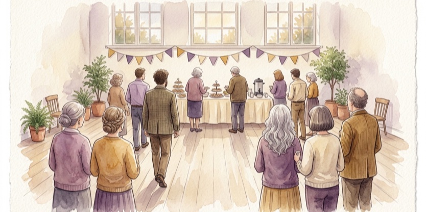 Watercolour illustration of a community gathering in a bright hall, everyone seen from behind