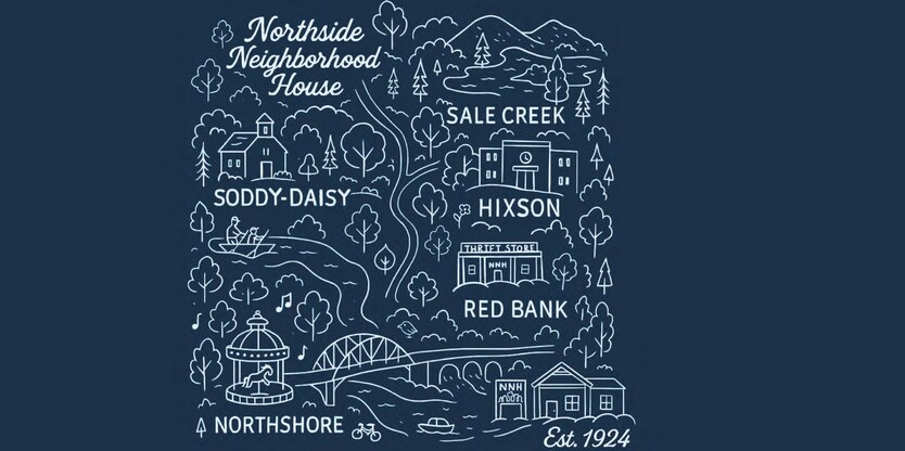 Illustrated map of the communities Northside Neighborhood House serves, naming Soddy-Daisy, Sale Creek, Hixson, Red Bank and Northshore