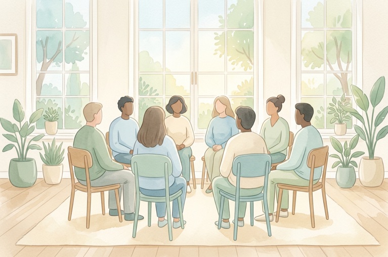 Watercolor illustration of a support group seated in a circle