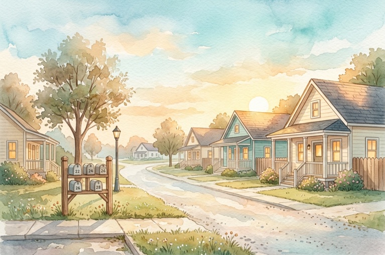 Watercolor illustration of homes at sunrise with lit windows