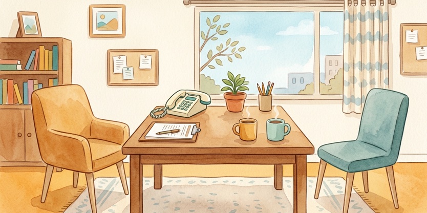 Watercolor illustration of a welcoming assistance office desk